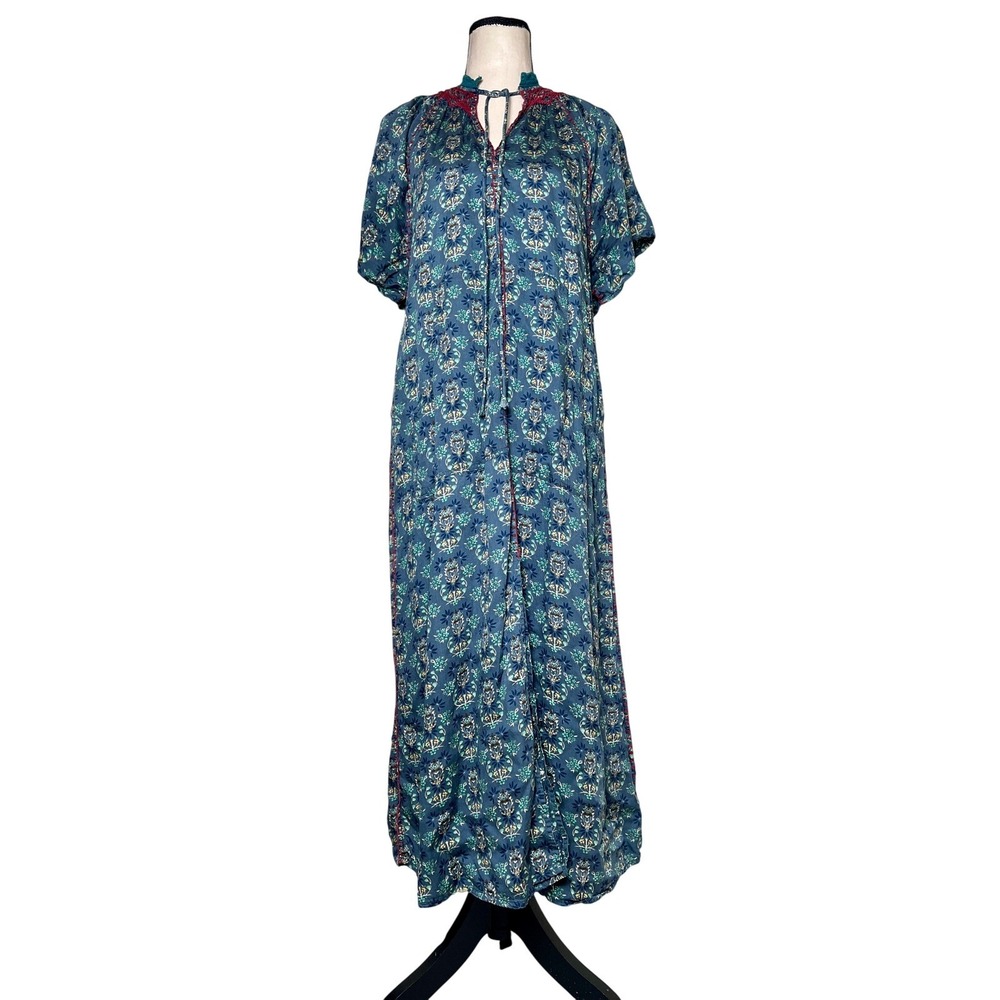 Natural Life‎ Maxi Dress Size Small Boho Front Slit Tie Neck Hippie Festival